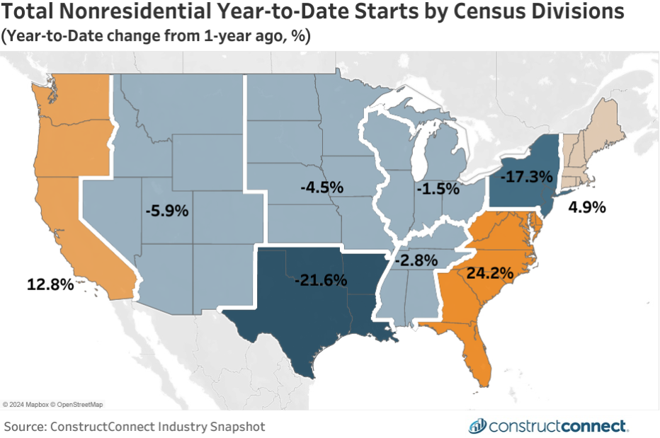 Nonresidential Starts map -AUG 24 Construction Economic Snapshot Package